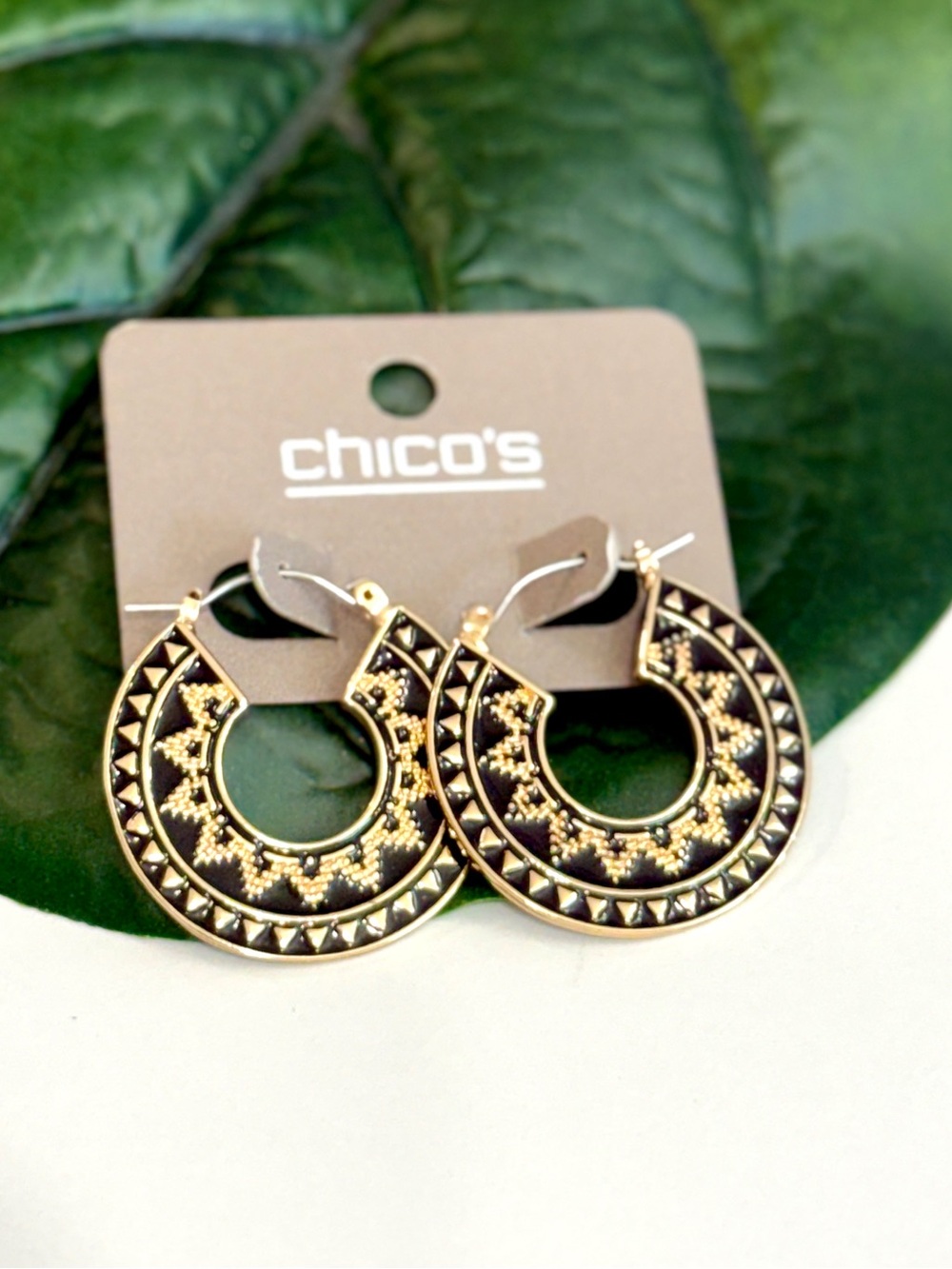 CHICO’S Black Gold Tribal Statement Hoop Earrings NWT